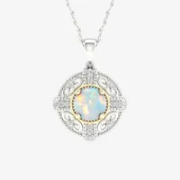 Womens Lab Created White Opal 10K Gold Sterling Silver Pendant Necklace