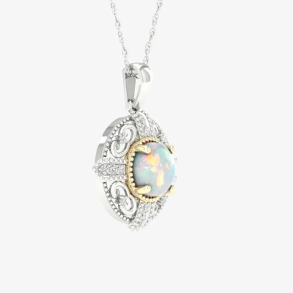 Womens Lab Created White Opal 10K Gold Sterling Silver Pendant Necklace