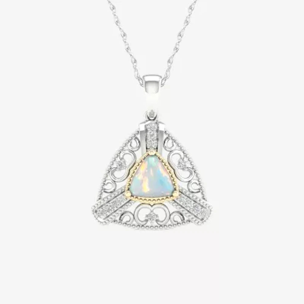 Womens Lab Created White Opal 10K Gold Sterling Silver Pendant Necklace