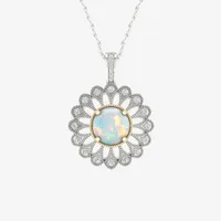 Womens Lab Created White Opal 10K White Gold Sterling Silver Flower Pendant Necklace