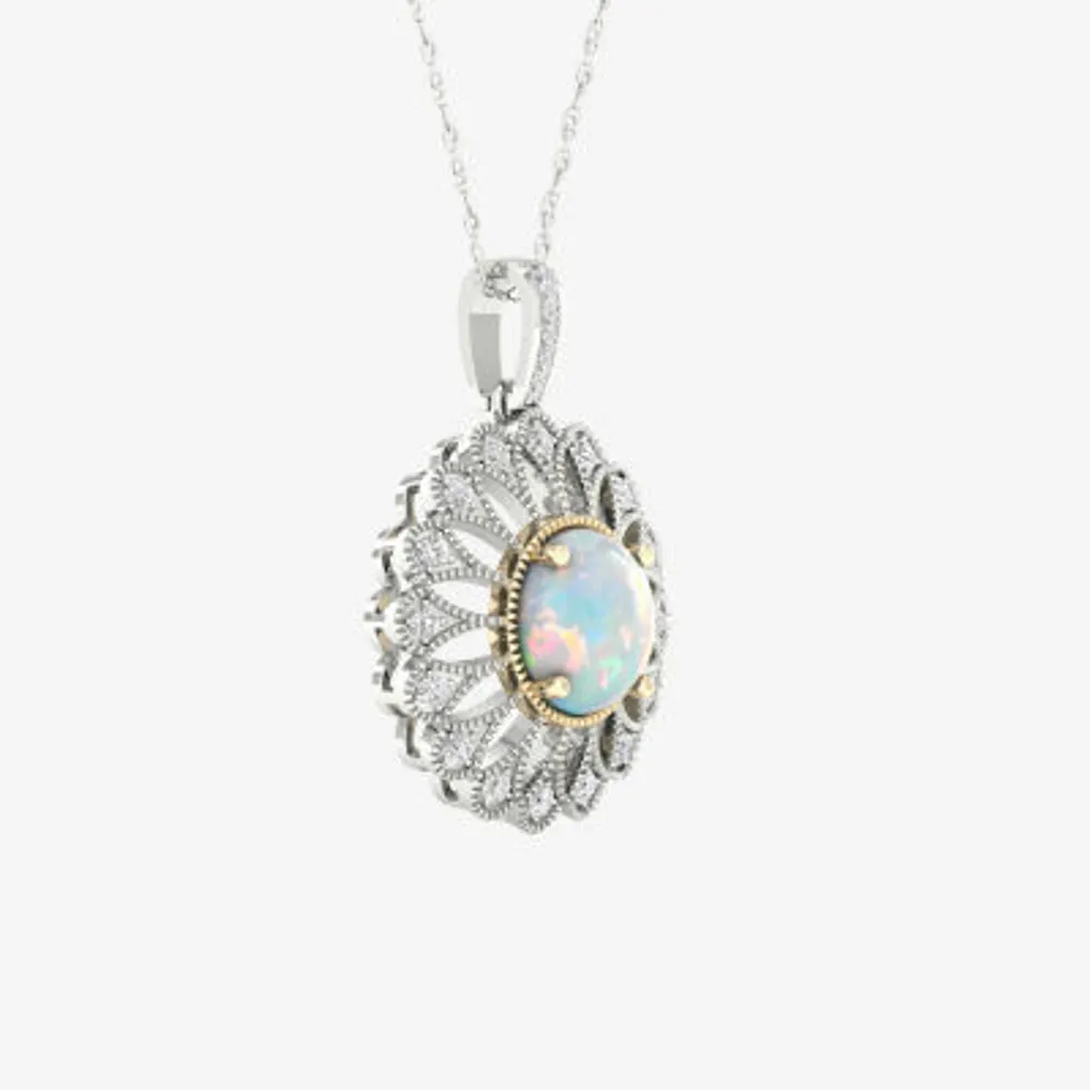 Womens Lab Created White Opal 10K White Gold Sterling Silver Flower Pendant Necklace