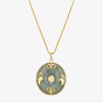Good Fortune Womens Genuine Green Jade 18K Gold Over Silver Round Pendant Necklaces