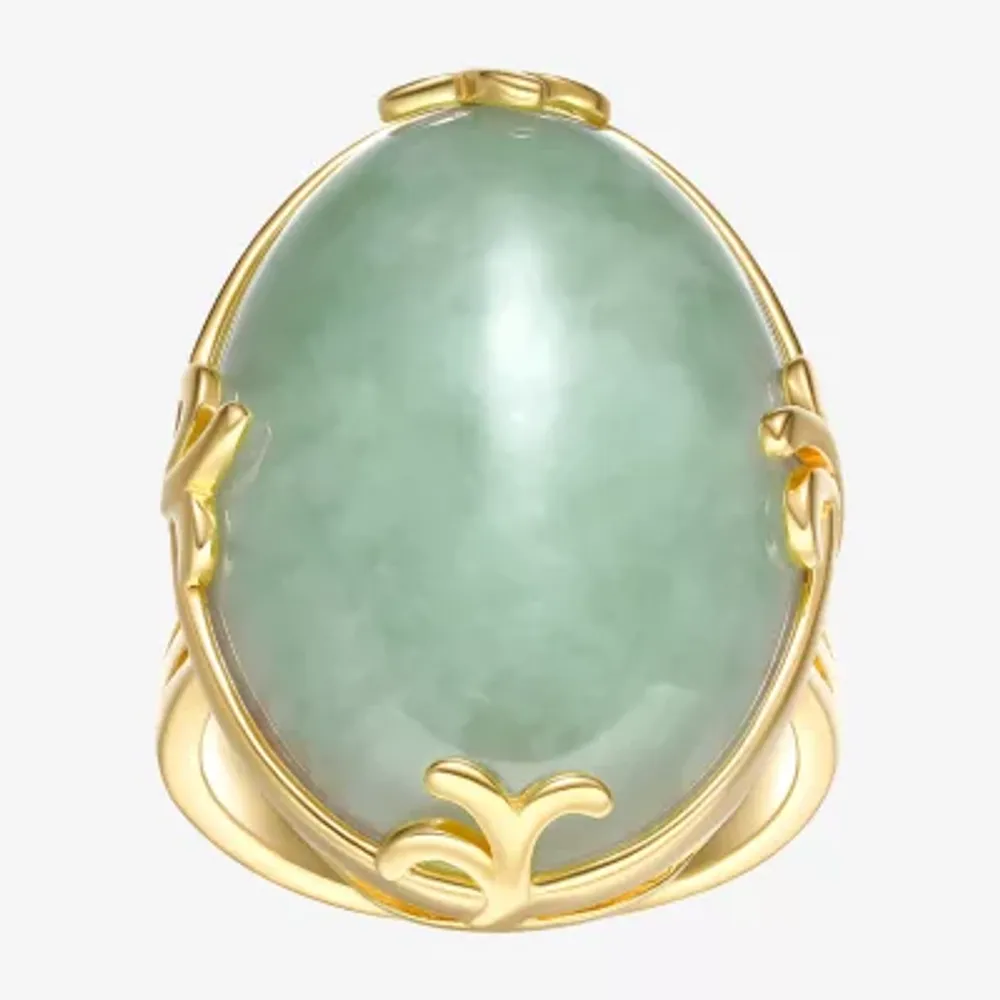 Womens Genuine Green Jade 18K Gold Over Silver Oval Cocktail Ring