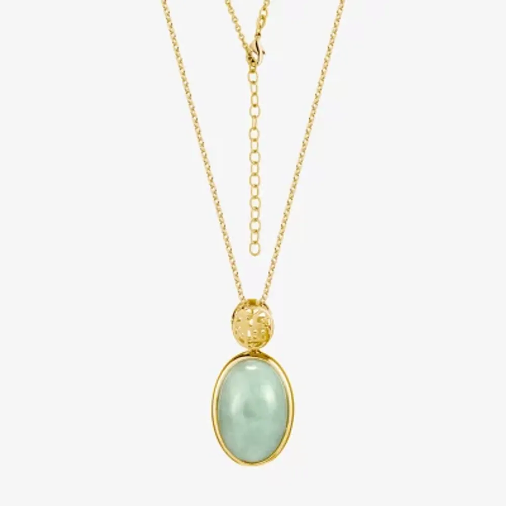 Good Fortune Womens Genuine Green Jade 18K Gold Over Silver Oval Pendant Necklace