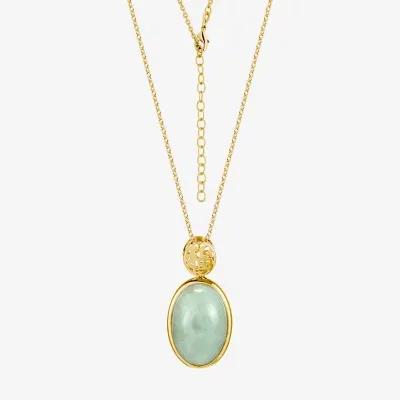 Good Fortune Womens Genuine Green Jade 18K Gold Over Silver Oval Pendant Necklace