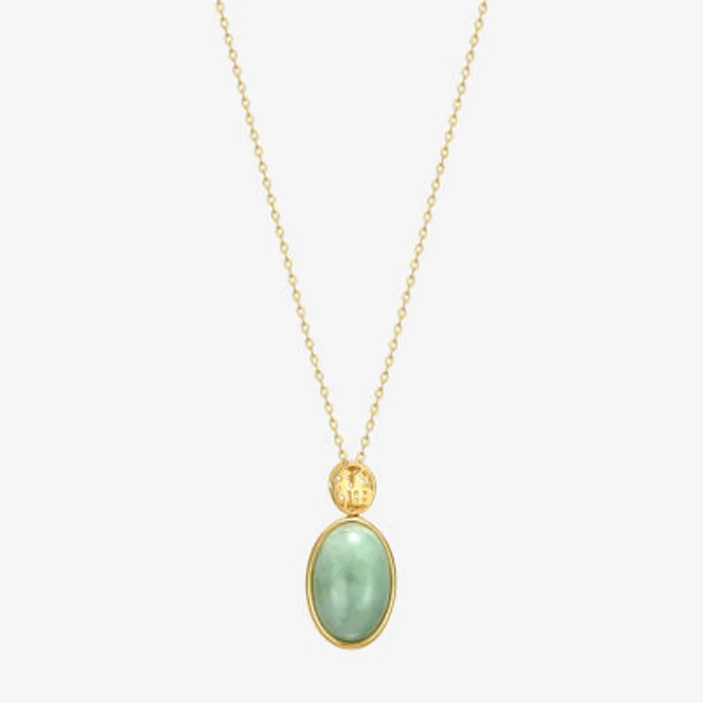 Good Fortune Womens Genuine Green Jade 18K Gold Over Silver Oval Pendant Necklace