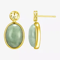 Good Fortune Genuine Green Jade 18K Gold Over Silver Oval Drop Earrings