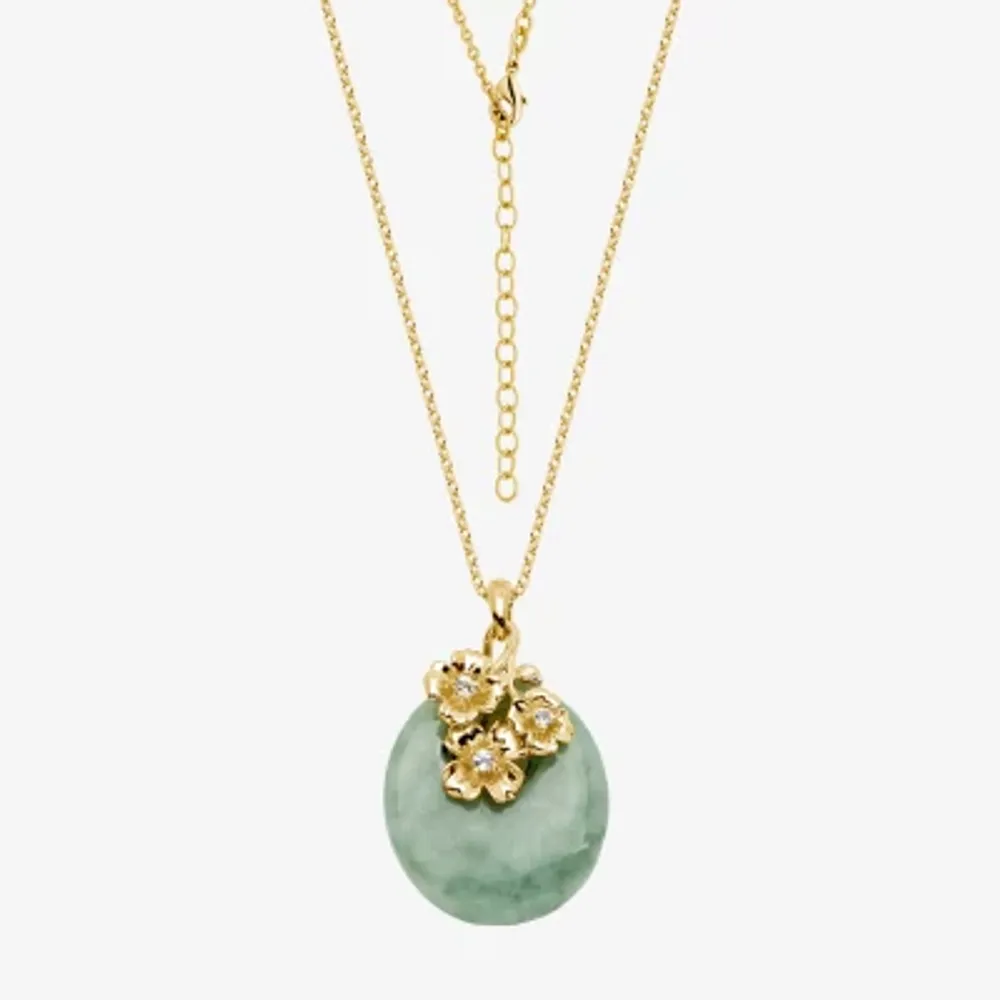 Womens Genuine Green Jade 18K Gold Over Silver Flower Pendant Necklace