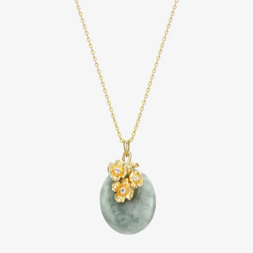 Womens Genuine Green Jade 18K Gold Over Silver Flower Pendant Necklaces