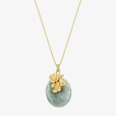 Womens Genuine Green Jade 18K Gold Over Silver Flower Pendant Necklaces