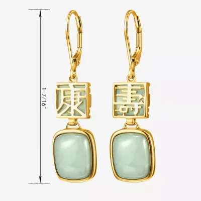 Longevity Genuine Green Jade 18K Gold Over Silver Cushion Drop Earrings