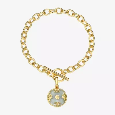 Good Fortune Genuine Green Jade 18K Gold Over Silver Round Charm Bracelet