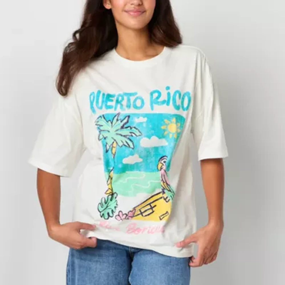 Ripple Junction Juniors Puerto Rico Vive Boricua Oversized Tee Womens Crew Neck Short Sleeve Graphic T-Shirt