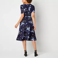 Jessica Howard Womens Short Sleeve Floral Midi Fit + Flare Dress