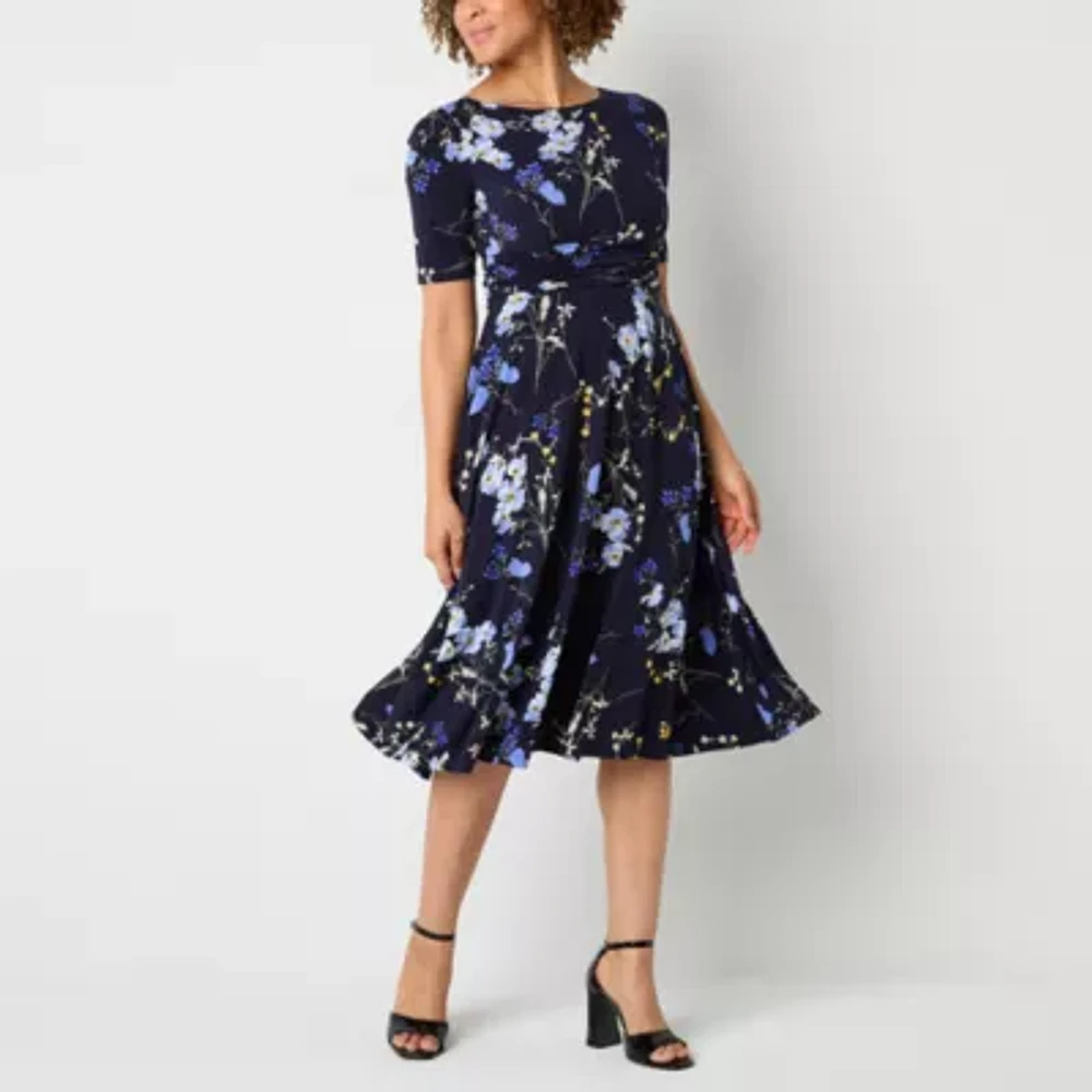 Jessica Howard Womens Short Sleeve Floral Midi Fit + Flare Dress