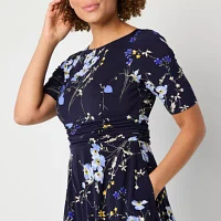 Jessica Howard Womens Short Sleeve Floral Midi Fit + Flare Dress