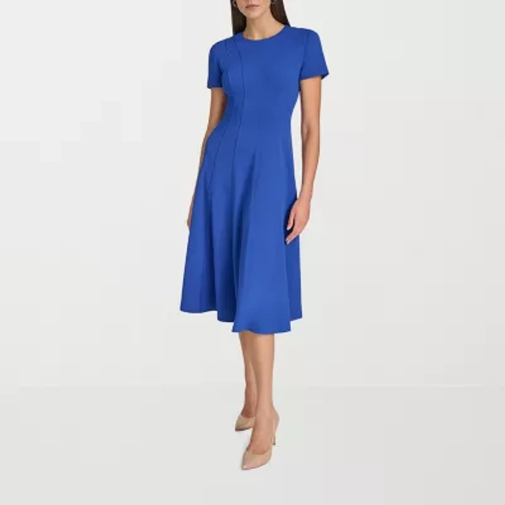 Marc New York Womens Short Sleeve Midi Fit + Flare Dress