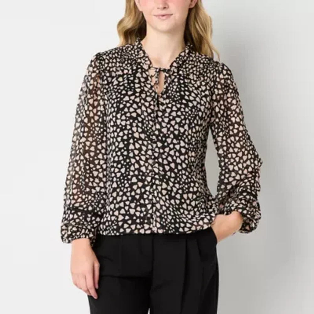 Tinseltown Womens Split Tie Neck Long Sleeve Blouse