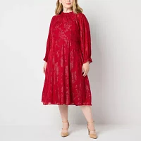 Liz Claiborne Womens Long Sleeve Midi A-Line Dress Plus