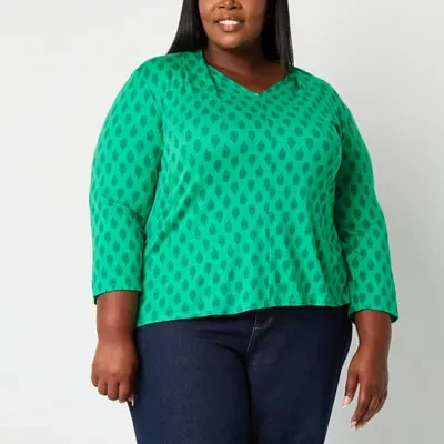 Liz Claiborne Plus Womens V Neck 3/4 Sleeve Blouse