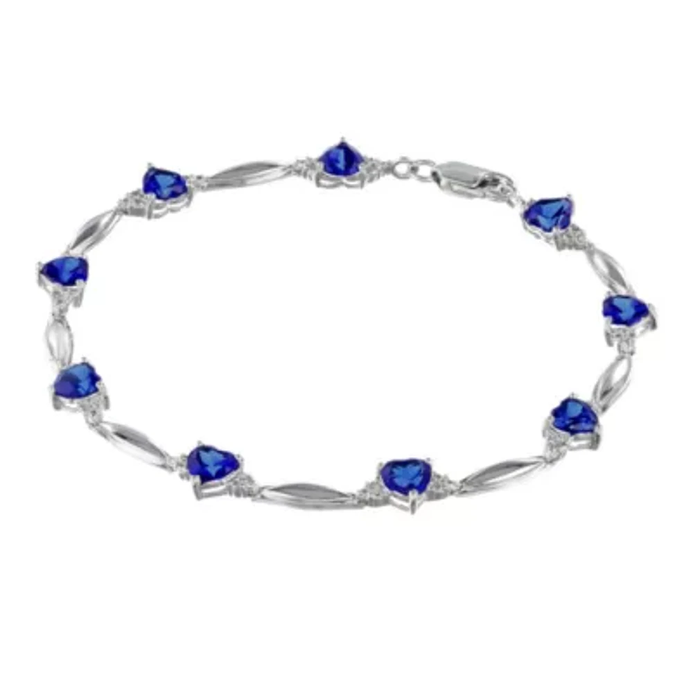 Lab-Created Blue Sapphire Heart-Shaped Sterling Silver Bracelet