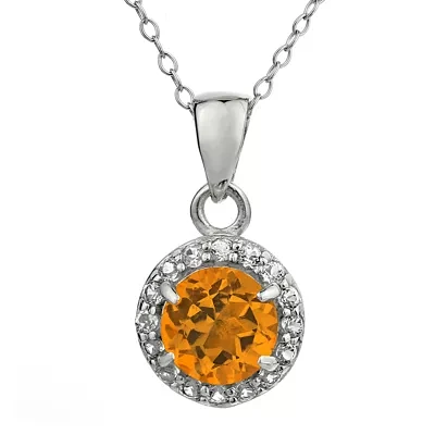 Faceted Genuine Citrine & White Topaz Sterling Silver Pendant Necklace