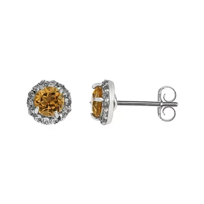 Faceted Genuine Citrine & White Topaz Sterling Silver Stud Earrings