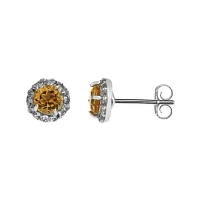 Faceted Genuine Citrine & White Topaz Sterling Silver Stud Earrings