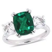 Womens Lab Created Green Emerald 10K White Gold 3-Stone Cocktail Ring