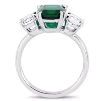 Womens Lab Created Green Emerald 10K White Gold 3-Stone Cocktail Ring