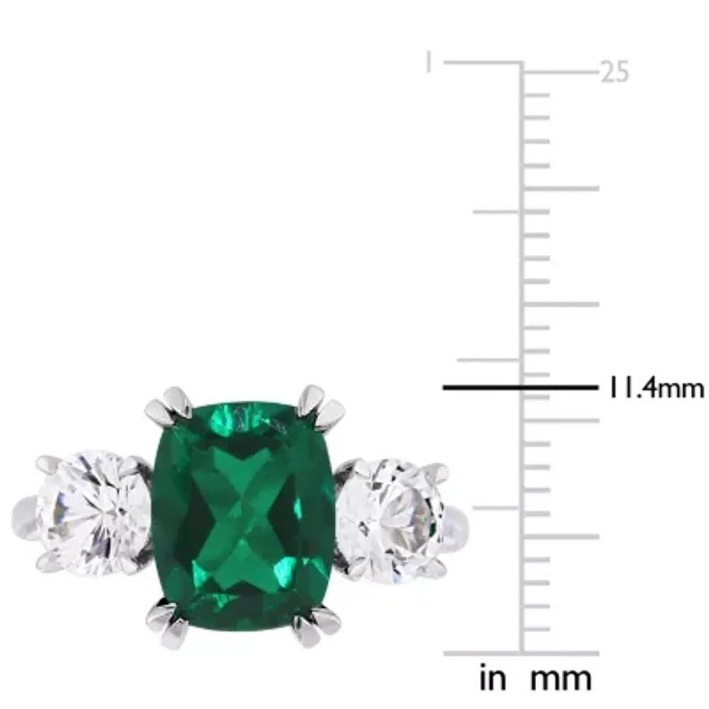 Womens Lab Created Green Emerald 10K White Gold 3-Stone Cocktail Ring