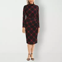 Clover And Sloane Womens Long Sleeve Plaid Midi Sheath Dress