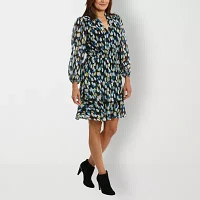 London Style Womens Long Sleeve Dots Fit + Flare Dress