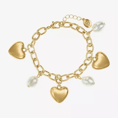 Bijoux Bar Gold Tone Simulated Pearl Link Heart Charm Bracelet