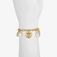 Bijoux Bar Gold Tone Simulated Pearl Link Heart Charm Bracelet