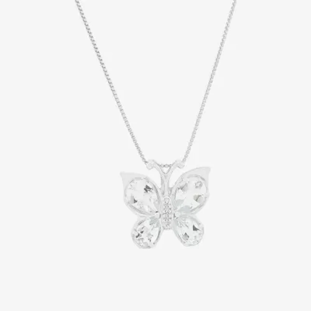 Womens Diamond Accent Genuine Blue Aquamarine Sterling Silver Butterfly Pendant Necklace