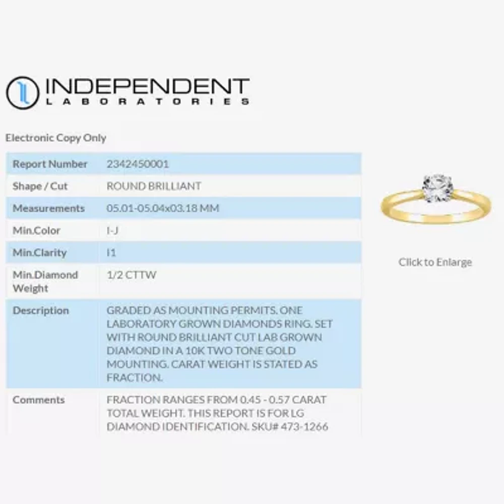 (I-J / I1) Womens 1/2 CT. Lab Grown White Diamond 10K Two Tone Gold Round Solitaire Engagement Ring