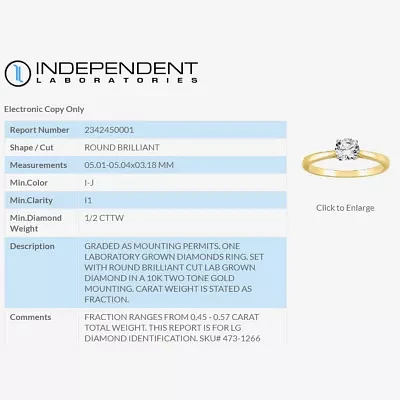 (I-J / I1) Womens 1/2 CT. Lab Grown White Diamond 10K Two Tone Gold Round Solitaire Engagement Ring