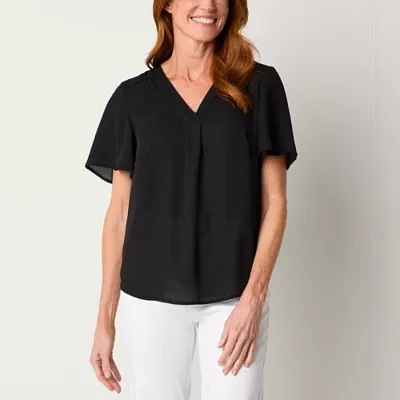 Liz Claiborne Womens V Neck Short Sleeve Blouse