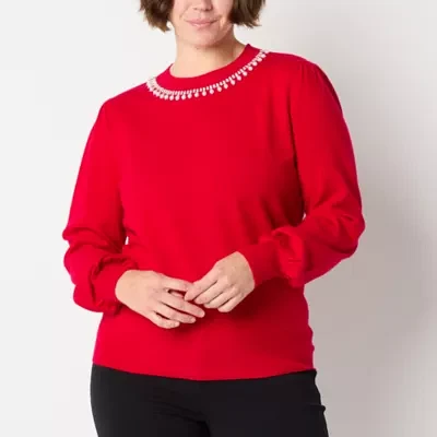 Liz Claiborne Womens Crew Neck Embellished Long Sleeve Pullover Sweater
