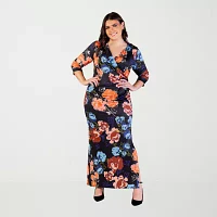 24seven Comfort Apparel Womens Elbow Sleeve Floral Maxi Dress Plus