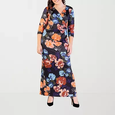 24seven Comfort Apparel Womens Elbow Sleeve Floral Maxi Dress Plus