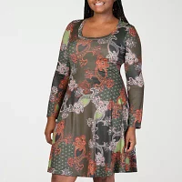 24seven Comfort Apparel Womens Long Sleeve Floral A-Line Dress Plus