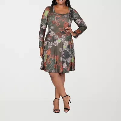 24seven Comfort Apparel Womens Long Sleeve Floral A-Line Dress Plus