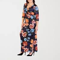 24seven Comfort Apparel Womens Elbow Sleeve Floral Maxi Dress Plus