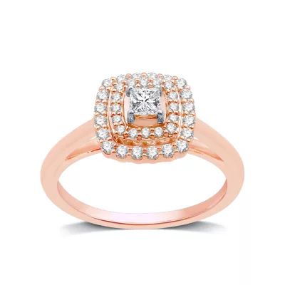 Womens 1/2 CT. T.W. Natural Diamond White 10K Rose Gold Cushion Halo Engagement Ring