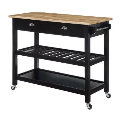 French Country Butcher Block Counter Top Kitchen Cart with Wine Rack