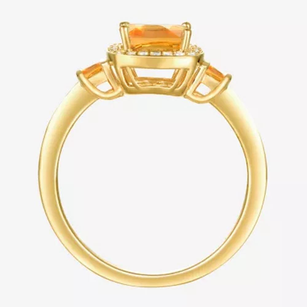 Womens Genuine Yellow Citrine 14K Gold Over Silver 3-Stone Cocktail Ring