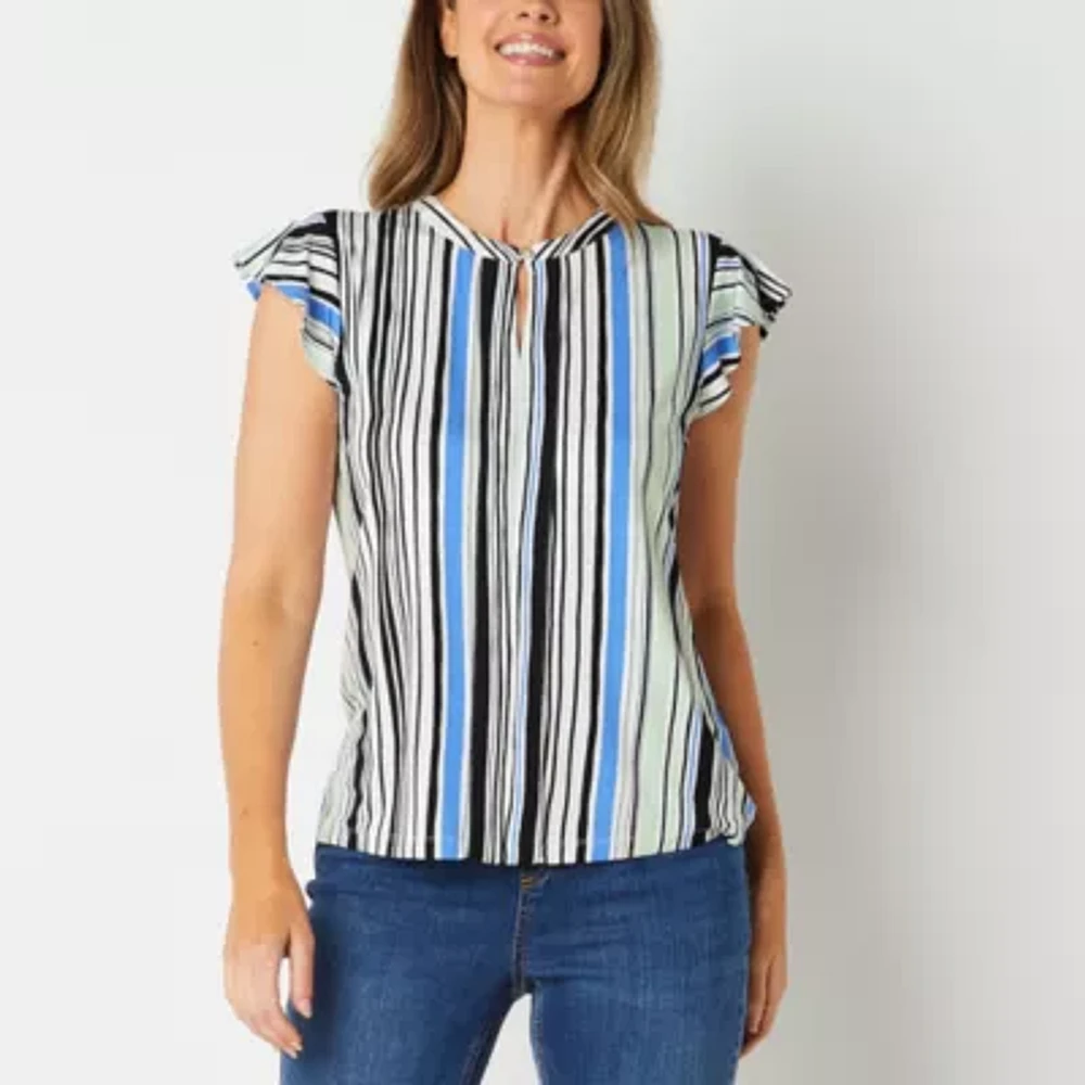 Liz Claiborne Womens Keyhole Neck Short Sleeve Blouse