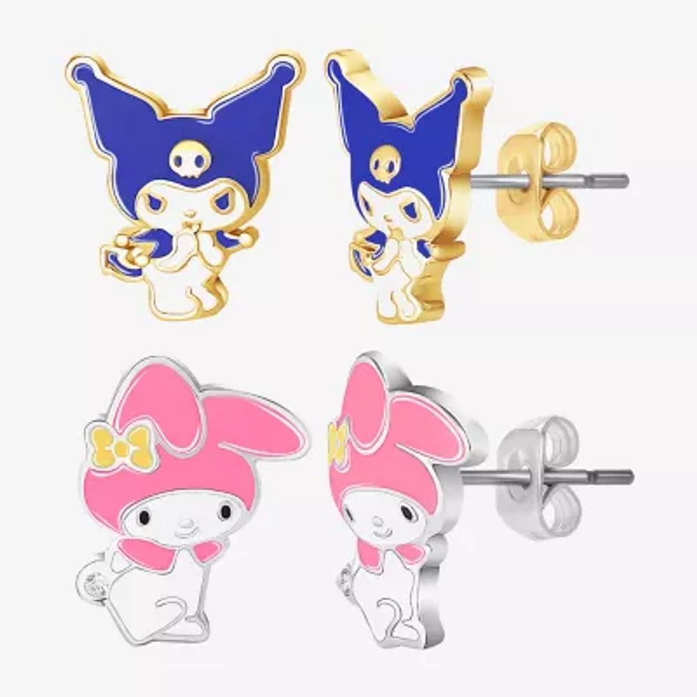Gold Tone 18K Gold Over Brass Hello Kitty Kuromi My Melody 2 Pair Earring Set
